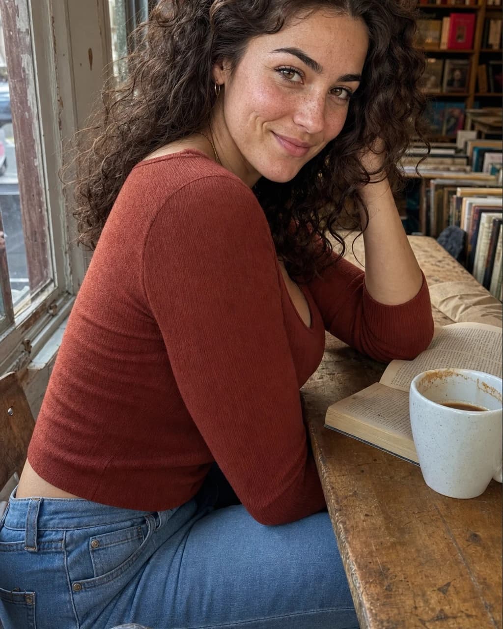 Elara Vale, a warm archivist with dark curls in soft library light